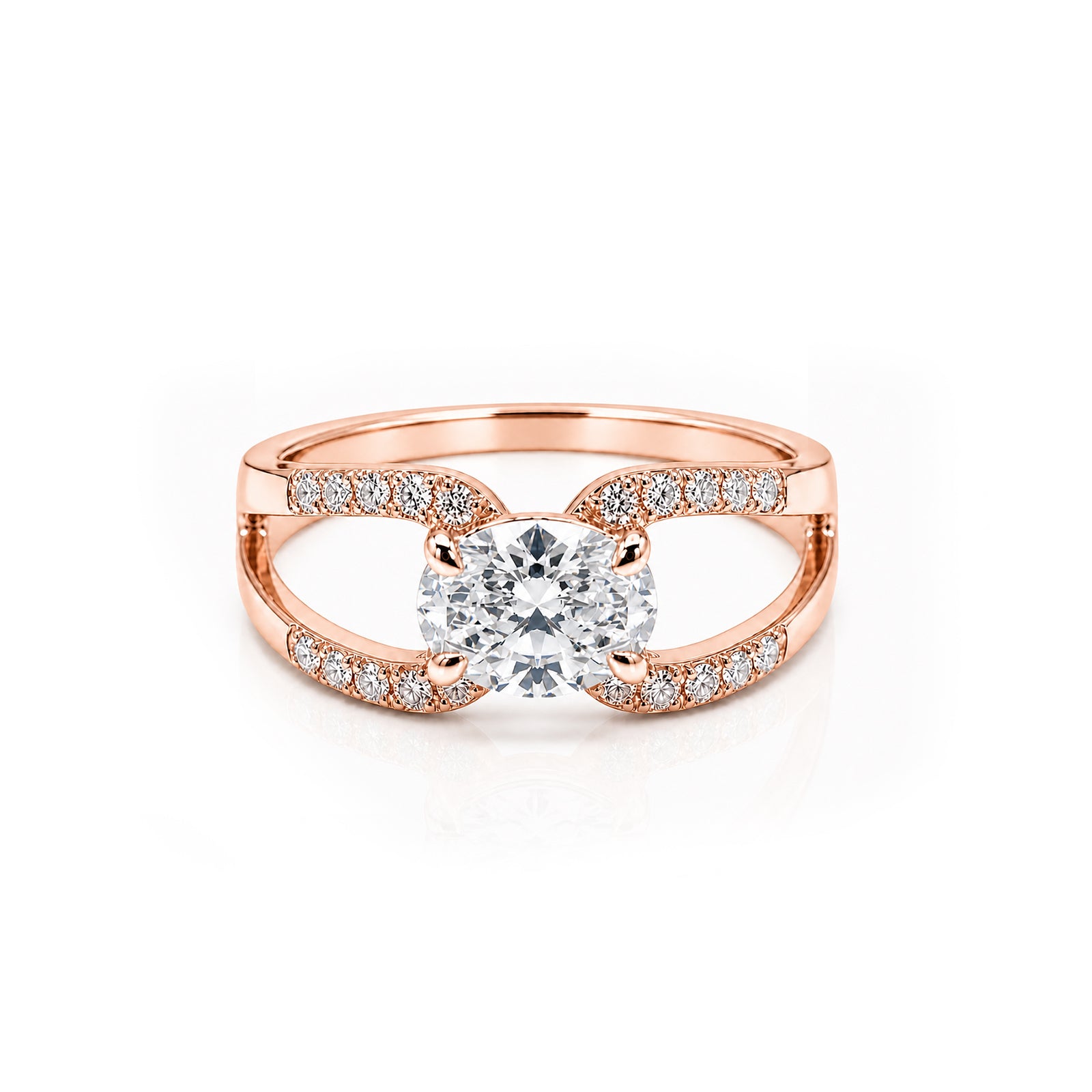 14K Gold Oval Cut Engagement Ring, Split Shank Pave Band