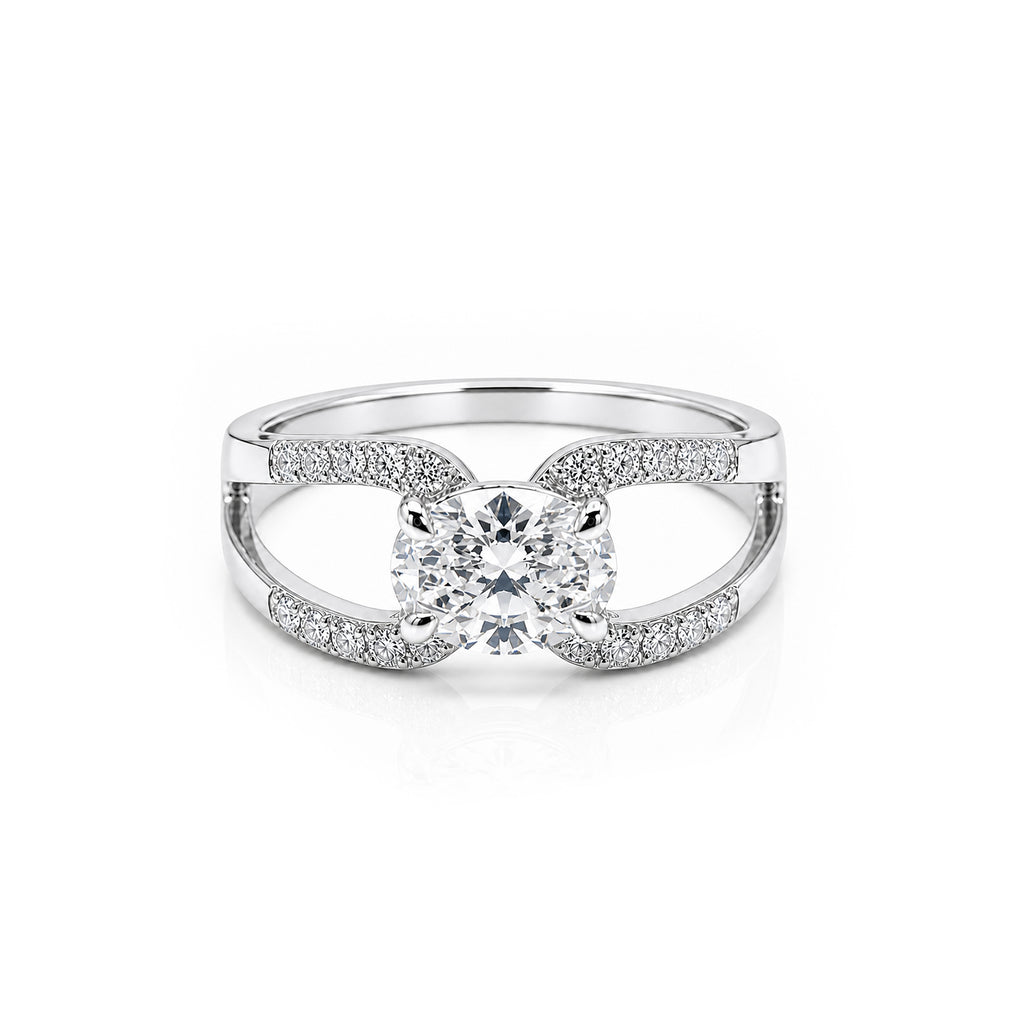 14K Gold Oval Cut Engagement Ring, Split Shank Pave Band