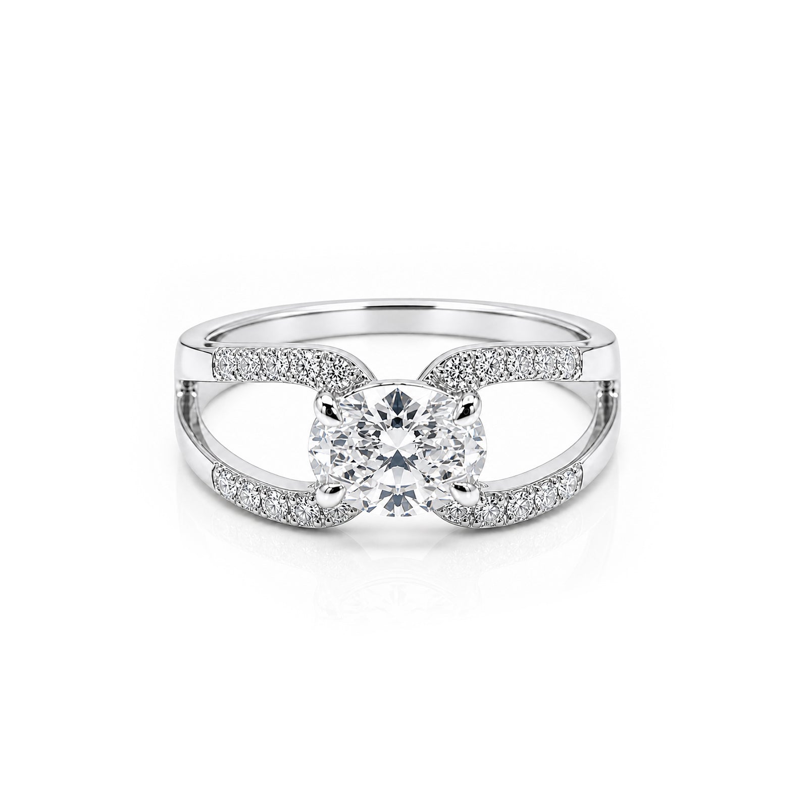 14K Gold Oval Cut Engagement Ring, Split Shank Pave Band