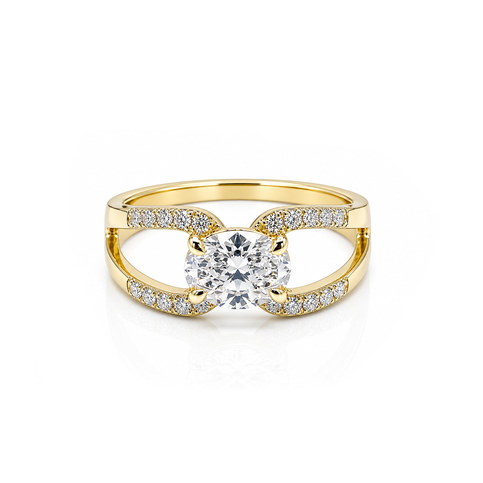 14K Gold Oval Cut Engagement Ring, Split Shank Pave Band