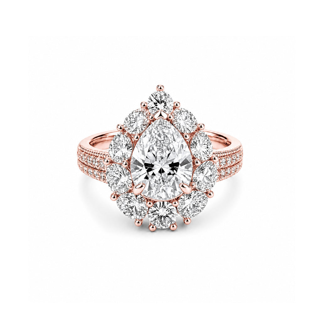 14K Solid Gold Pear Cut Engagement Ring, Floral Halo Full Pave Band