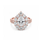 14K Solid Gold Pear Cut Engagement Ring, Floral Halo Full Pave Band