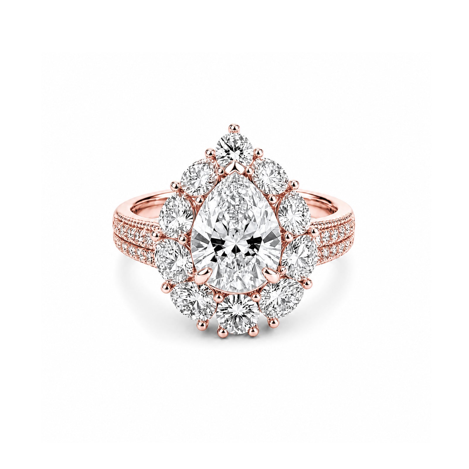 14K Solid Gold Pear Cut Engagement Ring, Floral Halo Full Pave Band