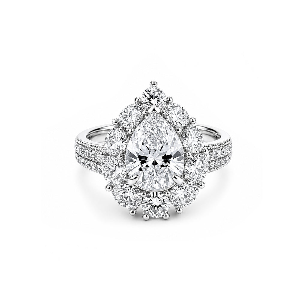 14K Solid Gold Pear Cut Engagement Ring, Floral Halo Full Pave Band