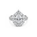 14K Solid Gold Pear Cut Engagement Ring, Floral Halo Full Pave Band