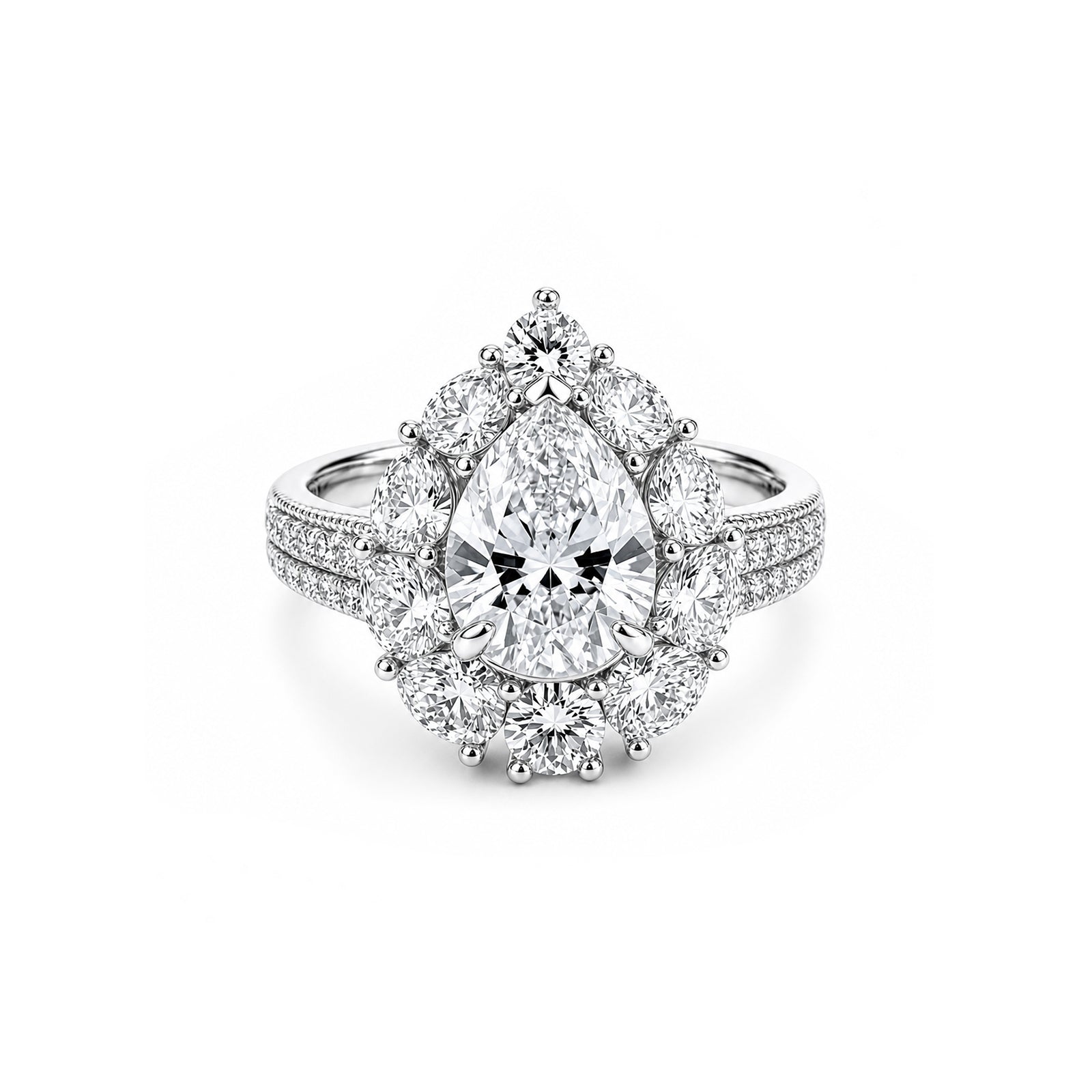 14K Solid Gold Pear Cut Engagement Ring, Floral Halo Full Pave Band