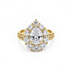 14K Solid Gold Pear Cut Engagement Ring, Floral Halo Full Pave Band