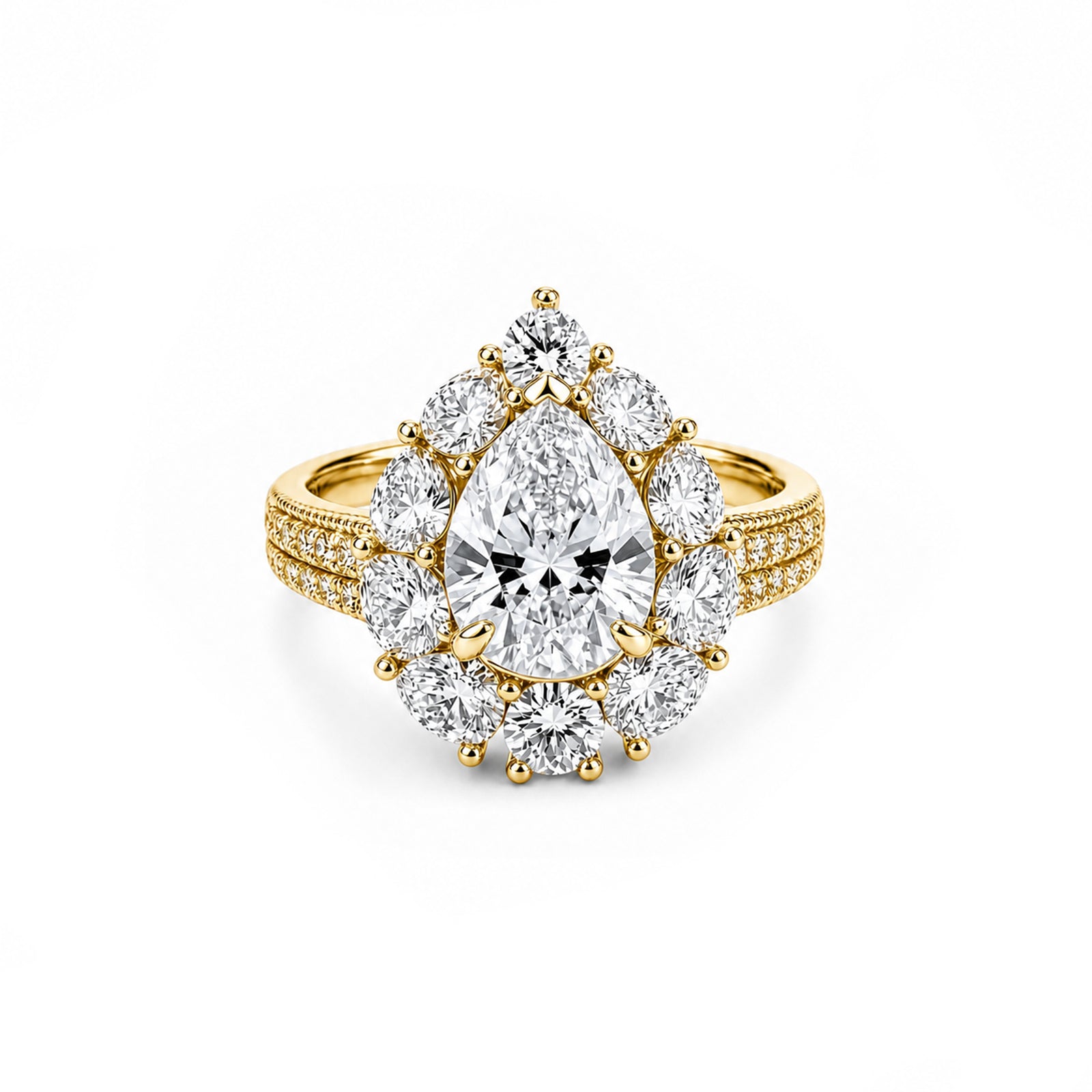 14K Solid Gold Pear Cut Engagement Ring, Floral Halo Full Pave Band