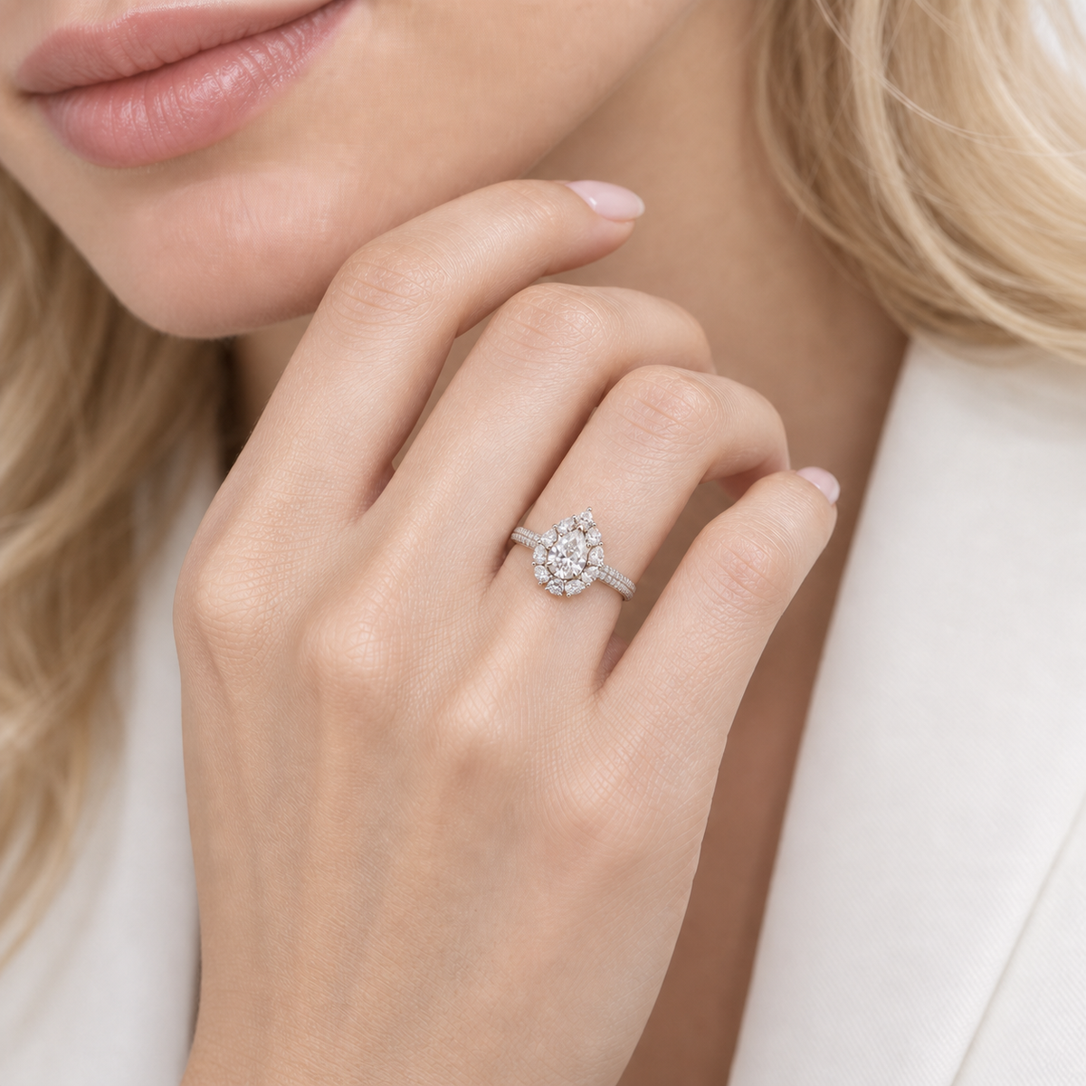 14K Solid Gold Pear Cut Engagement Ring, Floral Halo Full Pave Band
