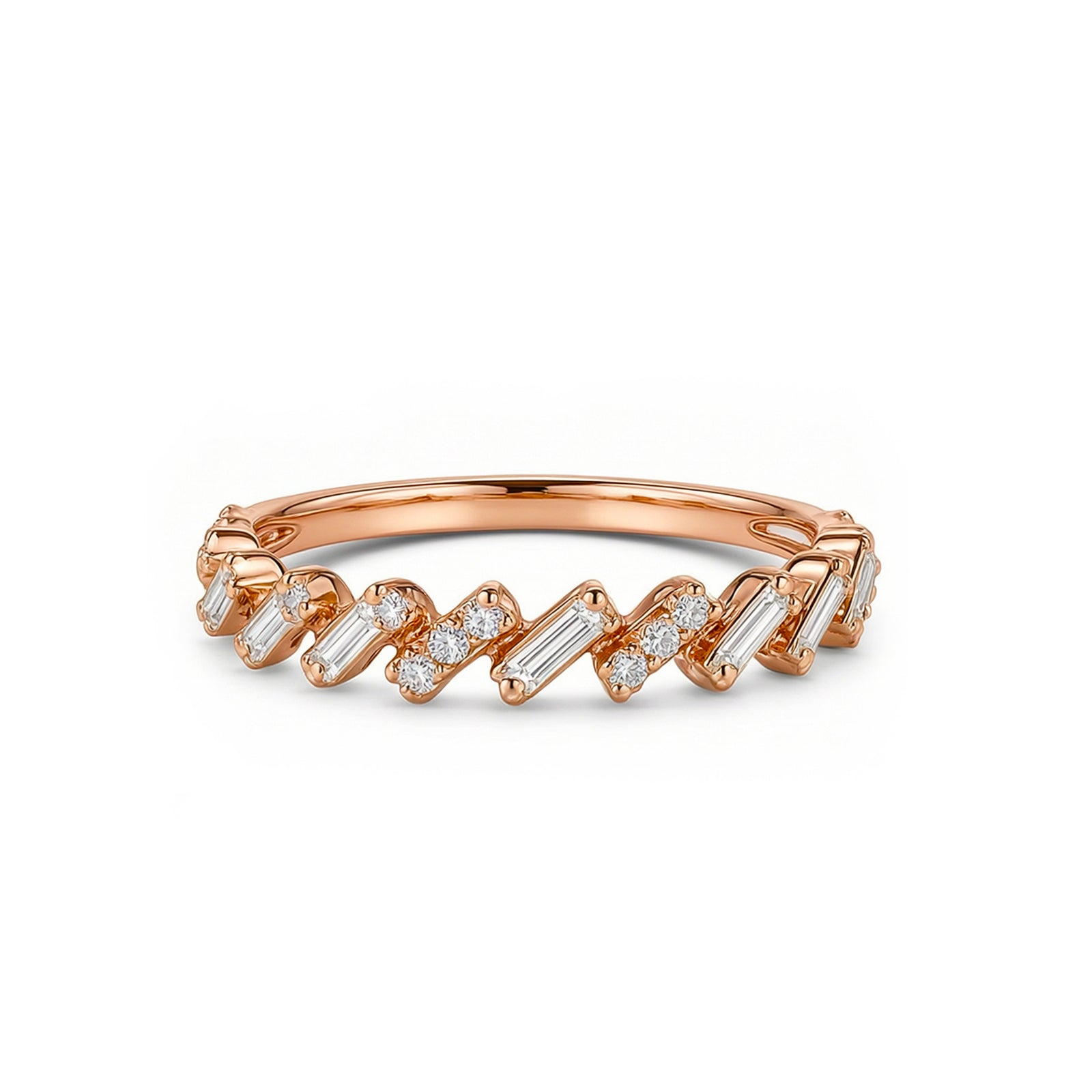 White Gold Staggered Stackable Ring, Mixed Baguette & Round Diamonds