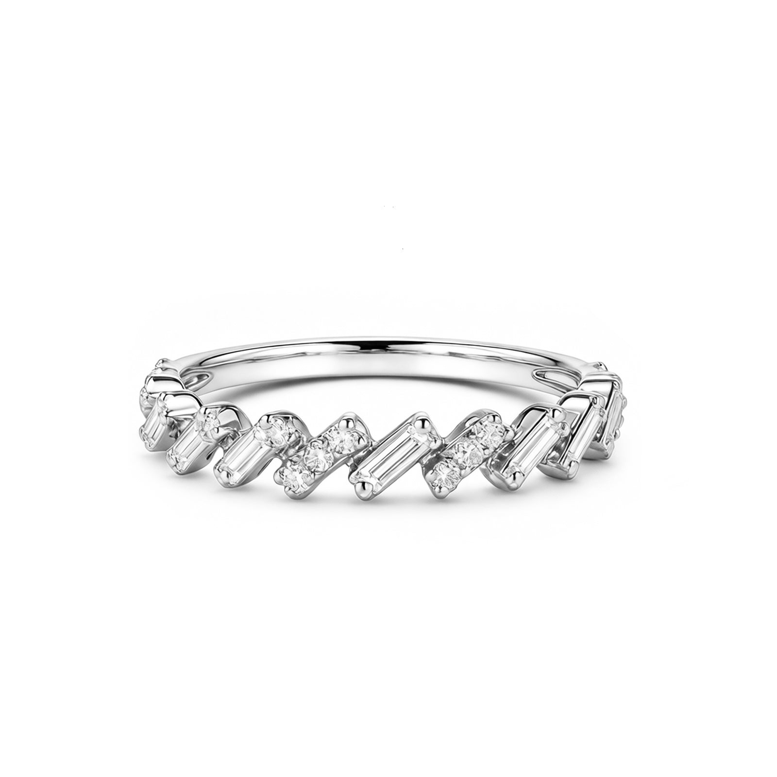 White Gold Staggered Stackable Ring, Mixed Baguette & Round Diamonds