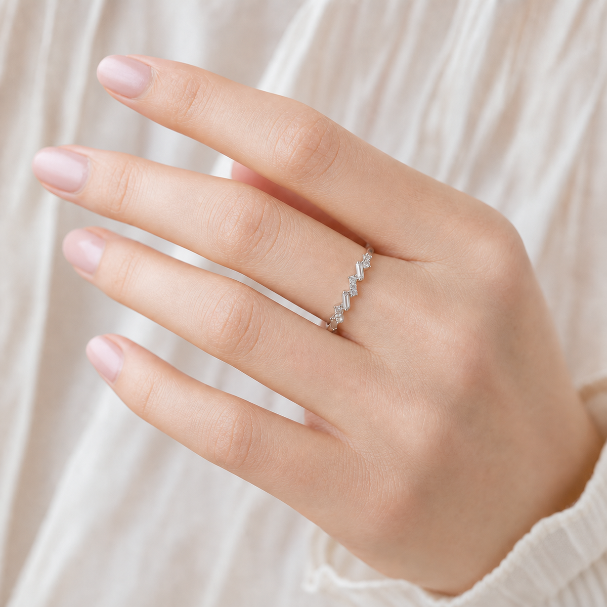 White Gold Staggered Stackable Ring, Mixed Baguette & Round Diamonds