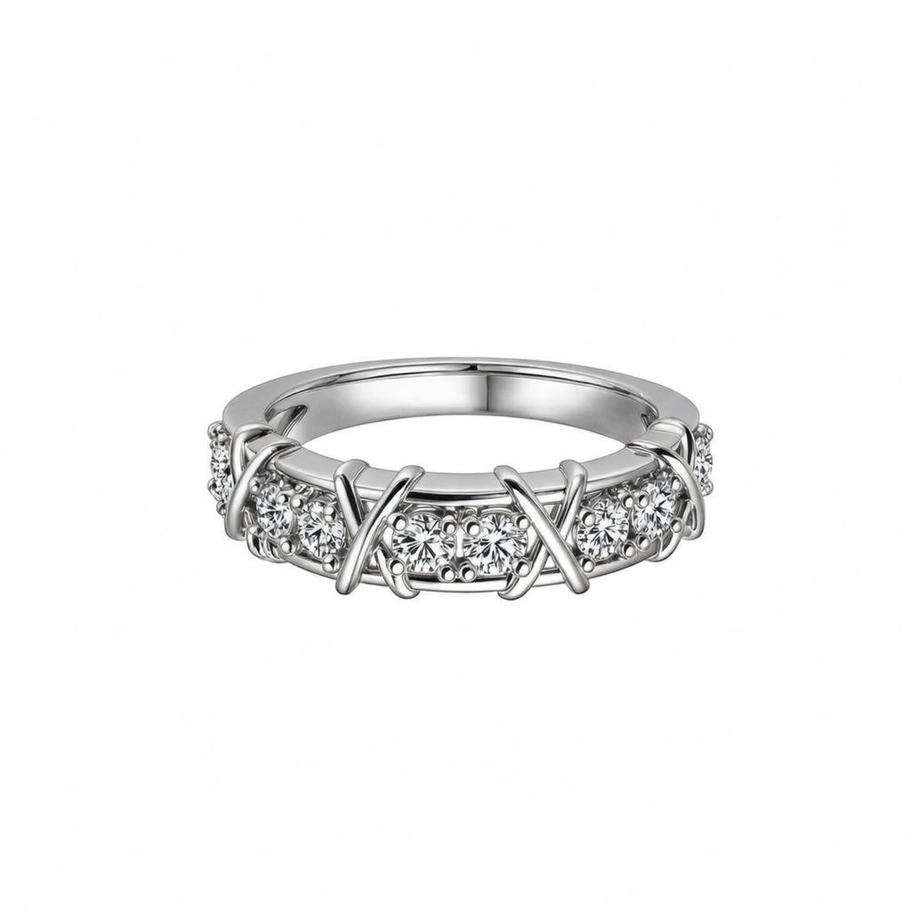 White Gold Crisscross Diamond Band, Pave Set Eternity Ring
