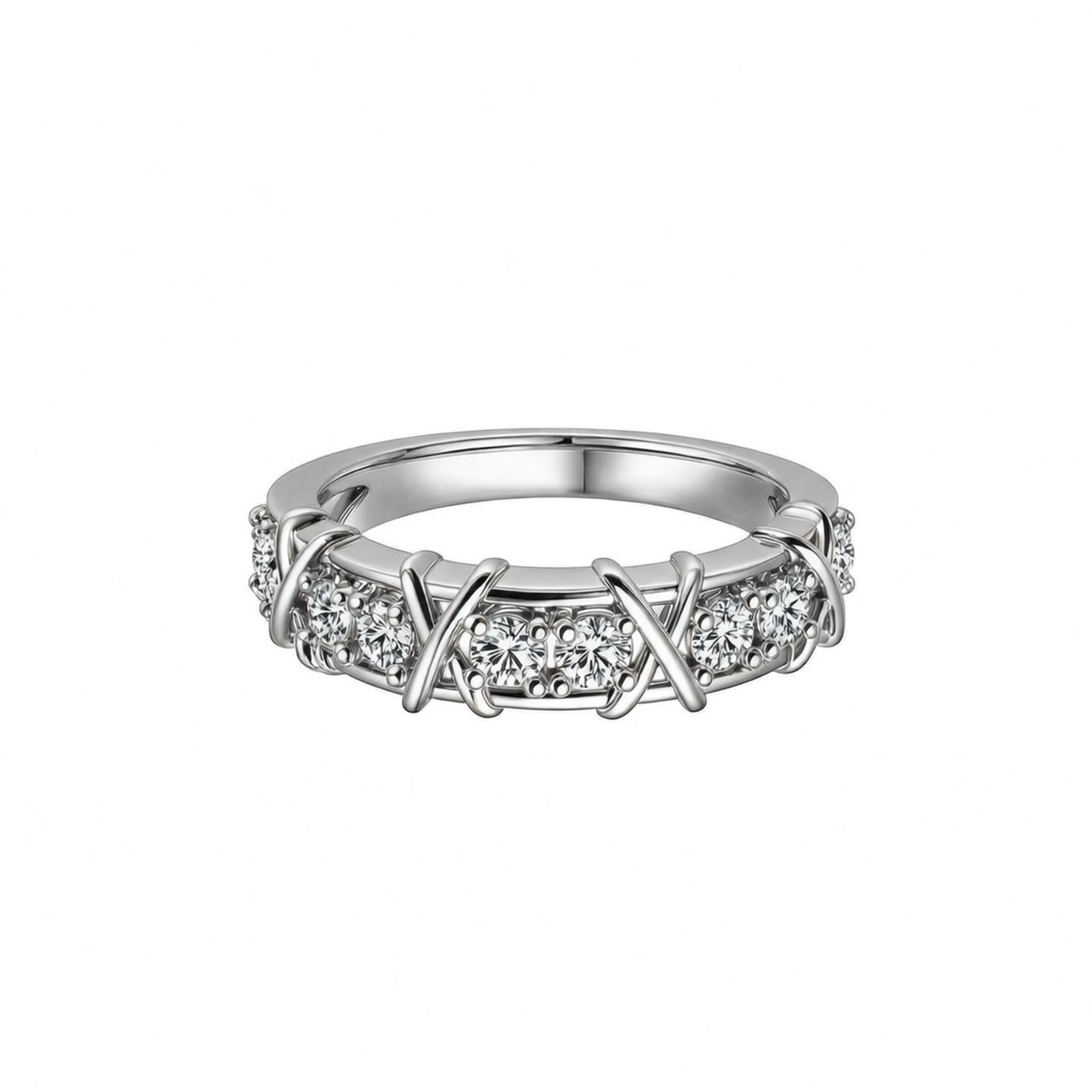 White Gold Crisscross Diamond Band, Pave Set Eternity Ring