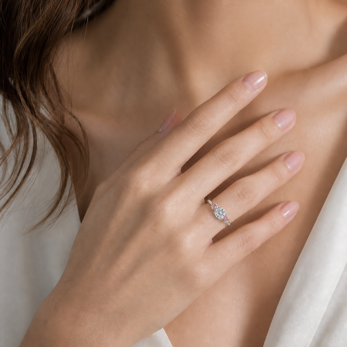 Romantic Three-Stone Pink Diamond Ring