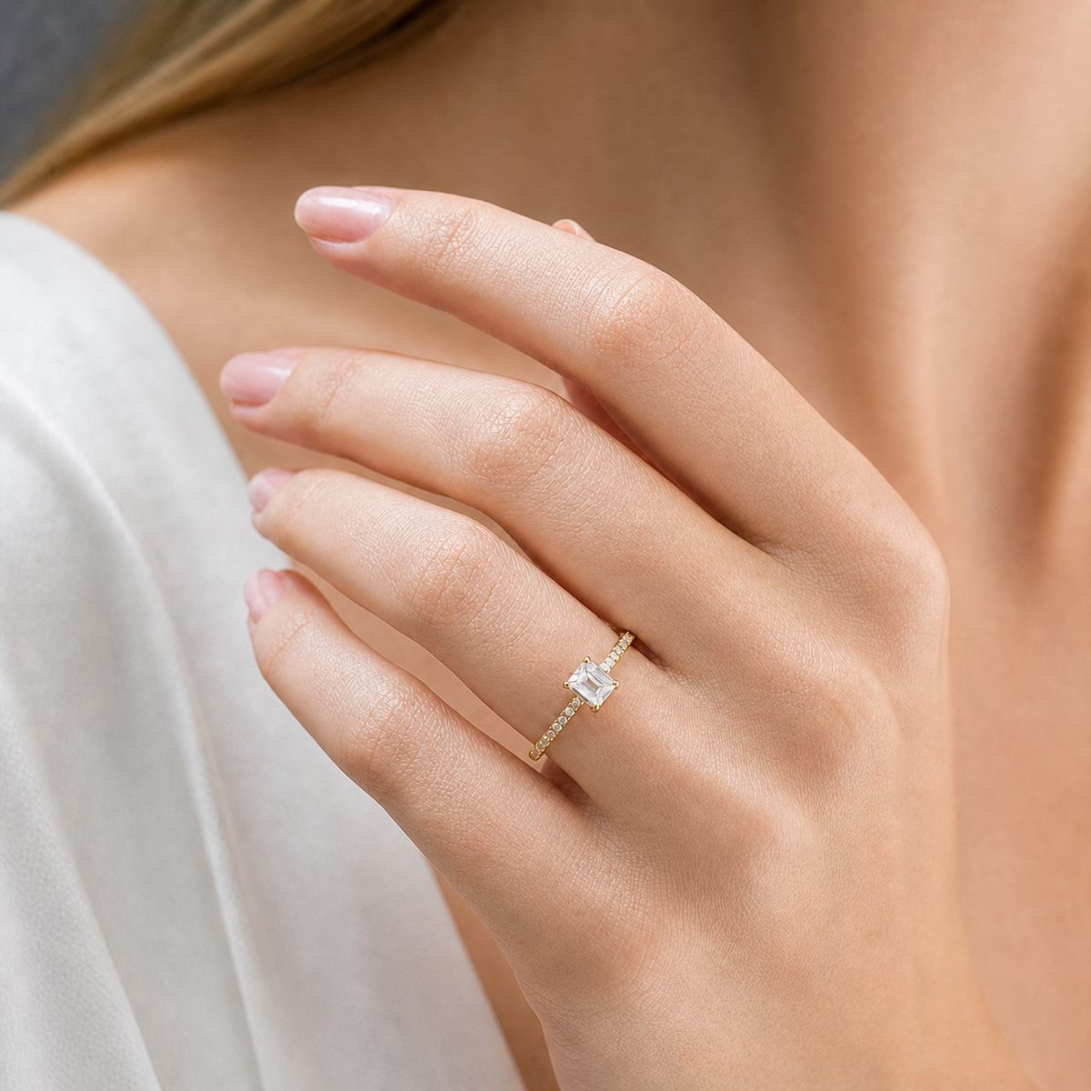 Elegant Emerald Cut White Gold Pave Diamond Ring