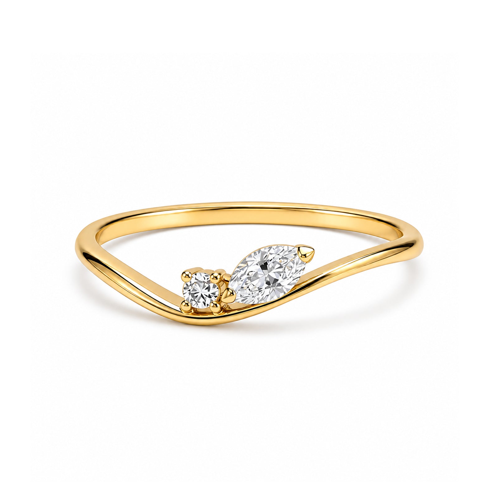 Dainty Wavy Marquise & Round Diamond Yellow Gold Ring
