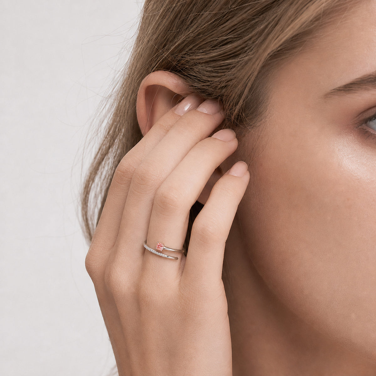 Pink Cushion-Cut stone Bypass Open Ring