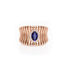 14K Gold Ribbed Statement Ring with Blue Sapphire Halo