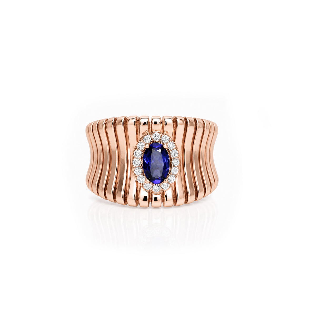 14K Gold Ribbed Statement Ring with Blue Sapphire Halo