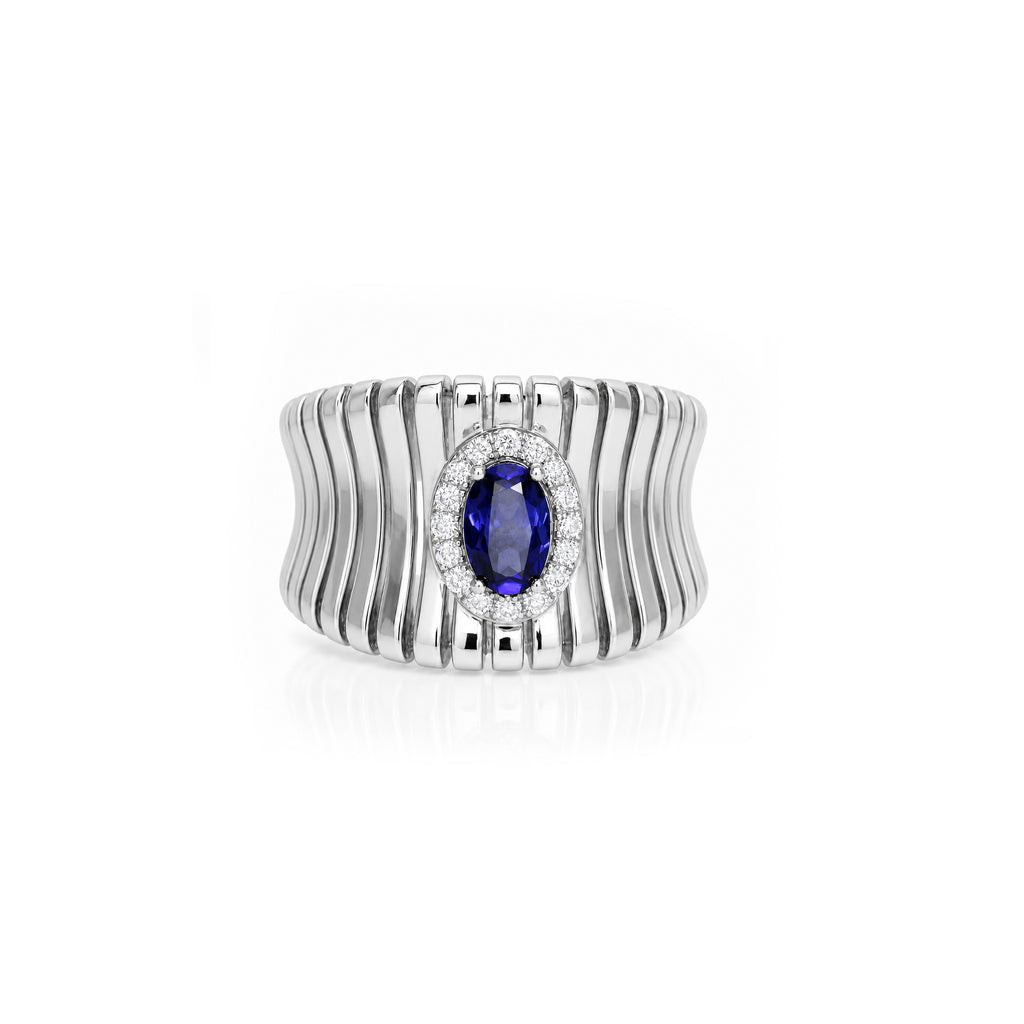 14K Gold Ribbed Statement Ring with Blue Sapphire Halo