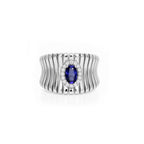 14K Gold Ribbed Statement Ring with Blue Sapphire Halo