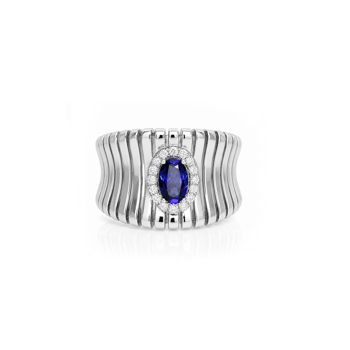 14K Gold Ribbed Statement Ring with Blue Sapphire Halo