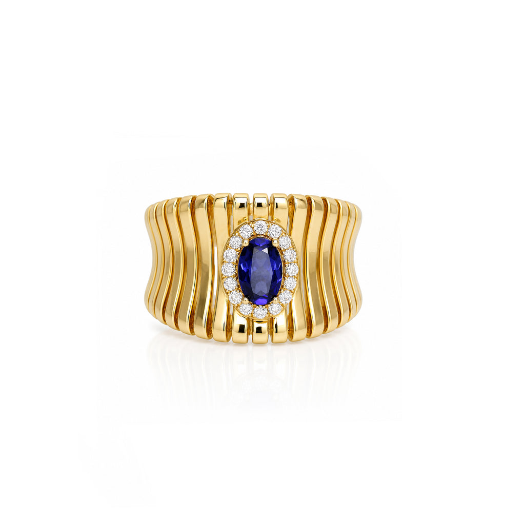 14K Gold Ribbed Statement Ring with Blue Sapphire Halo