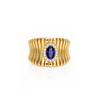 14K Gold Ribbed Statement Ring with Blue Sapphire Halo