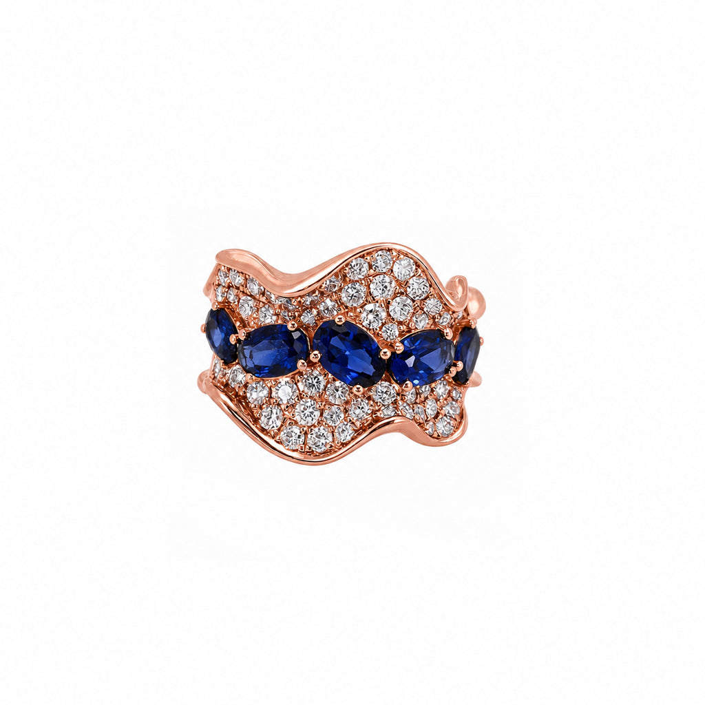 Ocean Ripple | Sapphire Blue & Pavé Statement Wave Ring