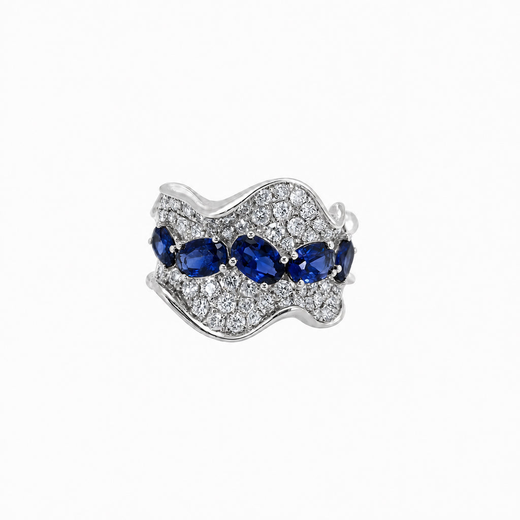 Ocean Ripple | Sapphire Blue & Pavé Statement Wave Ring