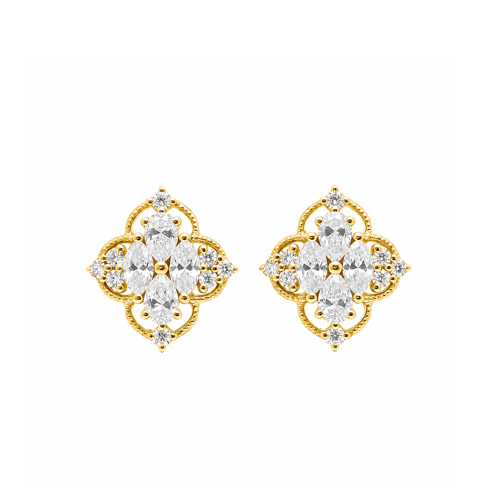 14K Gold Lab-Grown Diamond Vintage Quatrefoil Stud Earrings
