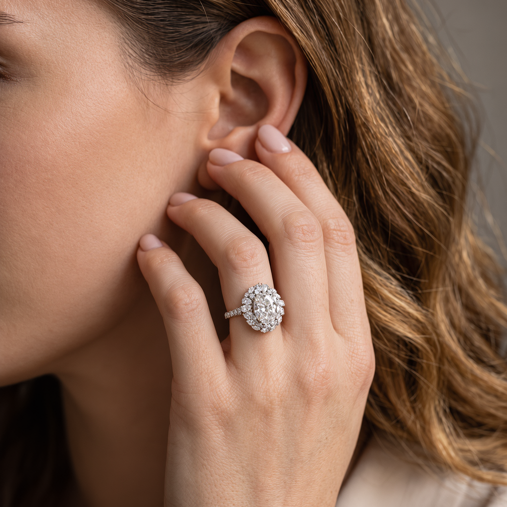 Luxury Oval Cut Engagement Ring with Pear-Shaped Floral Halo