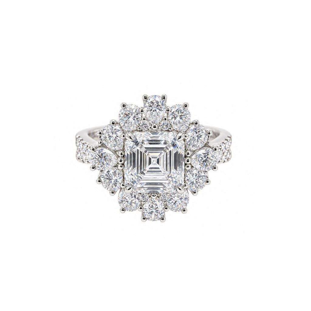 14K Vintage Asscher Cut Sunburst Halo Engagement Ring