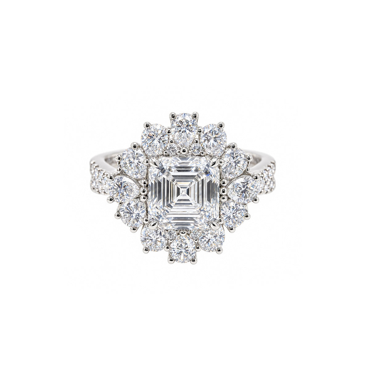 14K Vintage Asscher Cut Sunburst Halo Engagement Ring