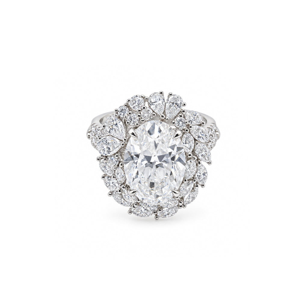 Luxury Oval Cut Engagement Ring with Pear-Shaped Floral Halo