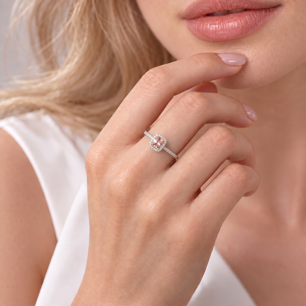 Platinum PT900 Pink Cushion Cut Lab-Grown Diamond Ring with Halo
