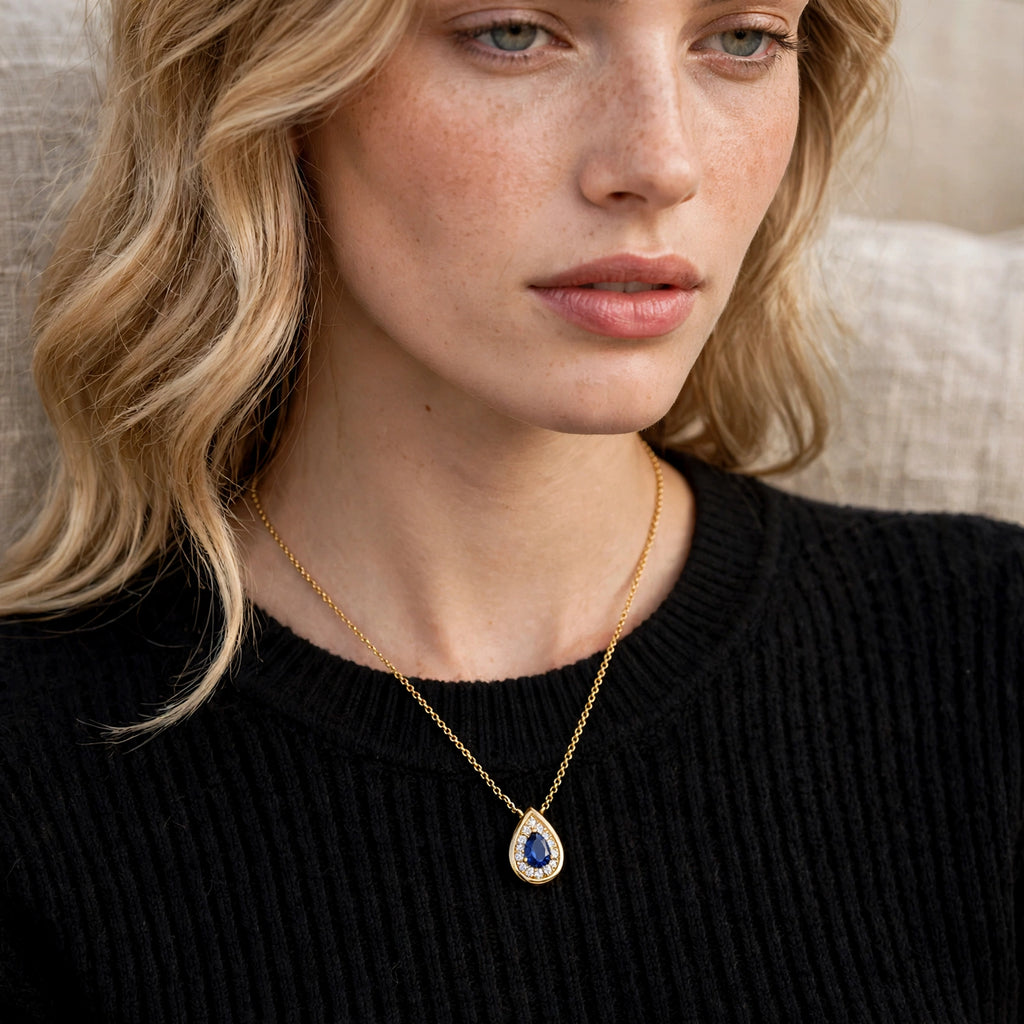 14K Royal Blue Teardrop Halo Pendant Necklace