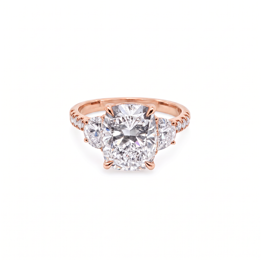 14K longated Cushion Cut Three-Stone Engagement Ring