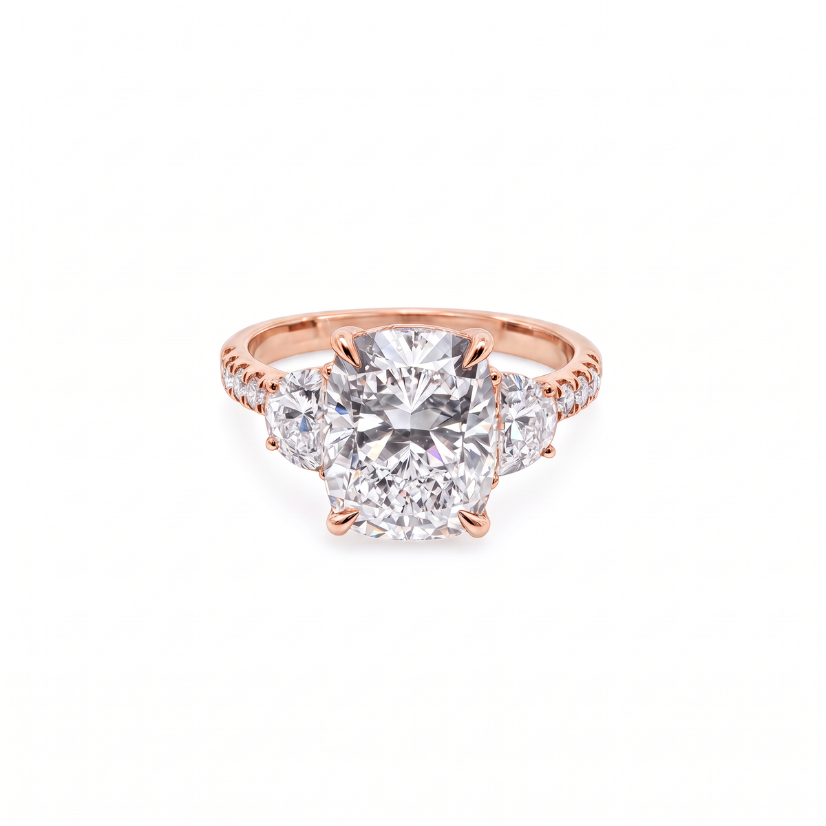 14K longated Cushion Cut Three-Stone Engagement Ring