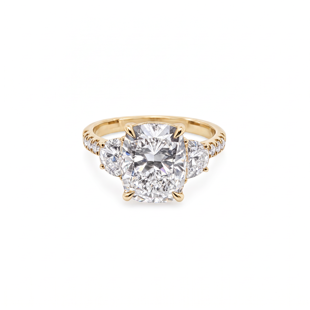 14K longated Cushion Cut Three-Stone Engagement Ring