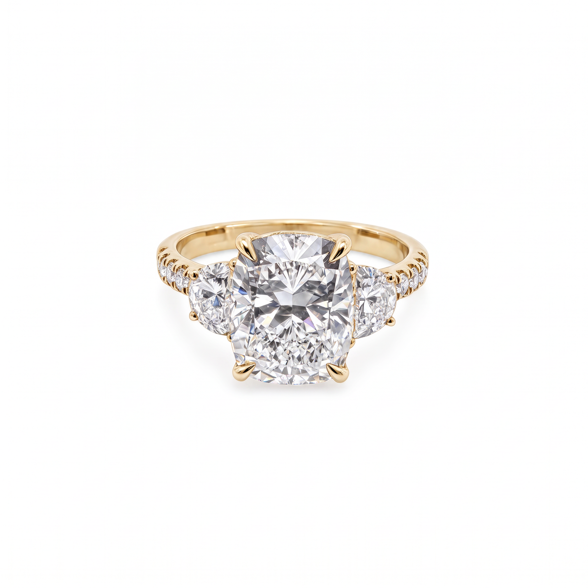 14K longated Cushion Cut Three-Stone Engagement Ring